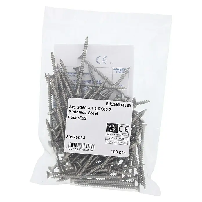 Marinetech Spanplattenschraube - Ø x L: 4 x 60 mm, Edelstahl, 100 Stk. - Packung mit 100 Edelstahlschrauben 4,0 x 60 mm, ideal für Holzbearbeitung und Heimwerkerprojekte, verpackt in einer transparenten Plastiktüte.