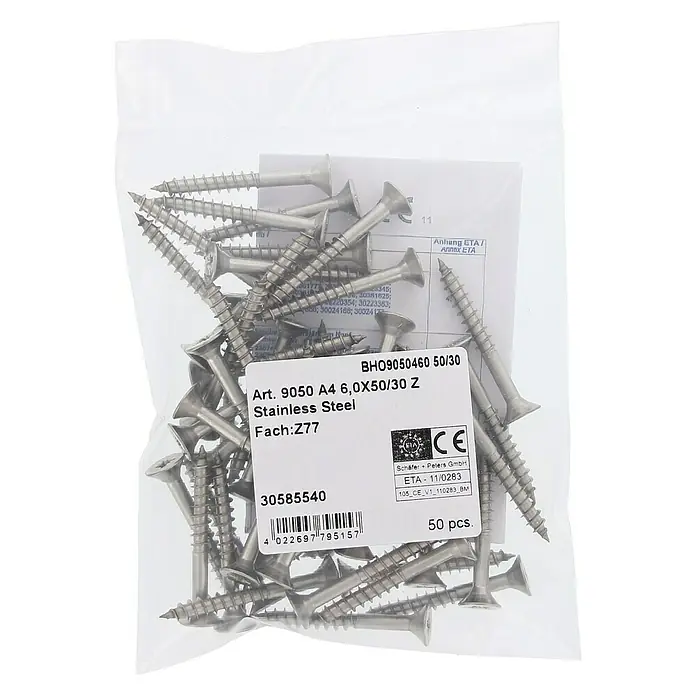 Marinetech Spanplattenschraube - Ø x L: 6 x 50 mm, Edelstahl, 50 Stk. - Eine Tüte mit Art. 9050 A4 6,0X50/30 Z Edelstahlschrauben, ideal für diverse Befestigungsarbeiten, verpackt zu 50 Stück.