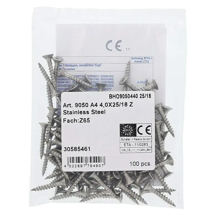 Marinetech Spanplattenschraube - Ø x L: 4 x 25 mm, Edelstahl, 100 Stk. - Verpackung mit A4 4,0X25/18 Z Edelstahlschrauben, 100 Stück, ideal für verschiedene Anwendungen mit Fräsrippen und verstärktem Kopf.