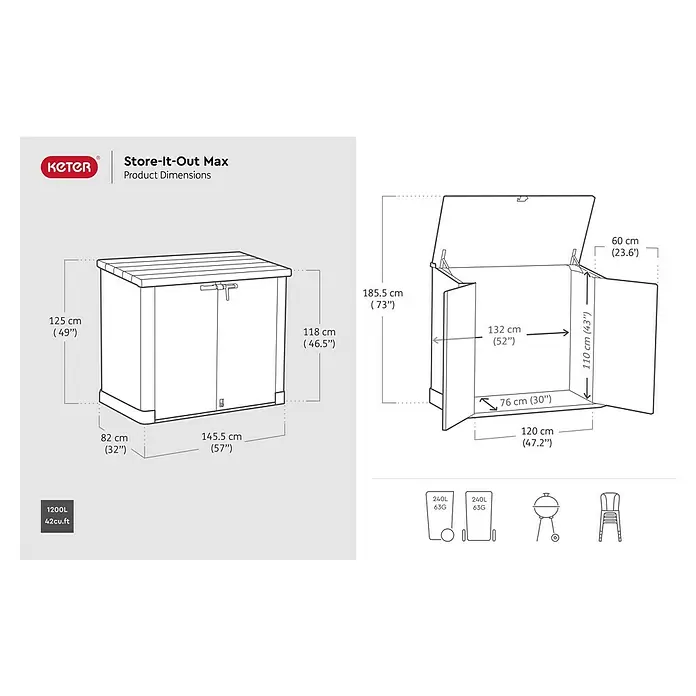 Keter Truhe Store it out Max - L x B x H: 145,5 x 82 x 125 cm, Anthrazit/Grau - Produktabmessungen des Keter Store-It-Out Max Gartenschrank. Übersicht über die Aussen- und Innenabmessungen.