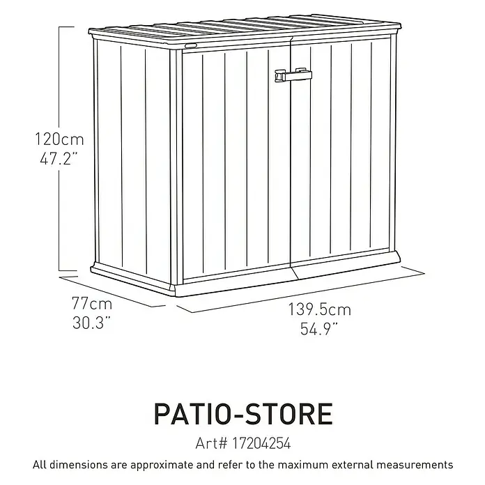 Keter Truhe Patio Store - L x B x H: 73,6 x 140 x 120 cm, Grau - Darstellung eines Patio-Lagerschranks mit Maßangaben, ideal für die Gartenaufbewahrung und Organisation im Außenbereich.