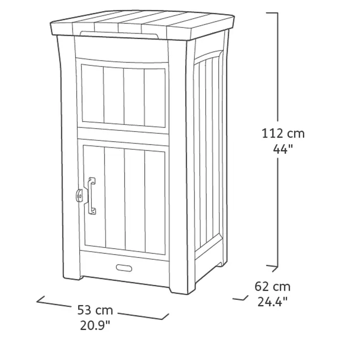 Keter Garten-Aufbewahrungsbox Paketbox ParcelDropBox - 62,1 x 62,1 x 112 cm, Grau - Illustration eines Holzkastens, der die Maße 112 cm Höhe, 53 cm Breite und 62 cm Tiefe zeigt.