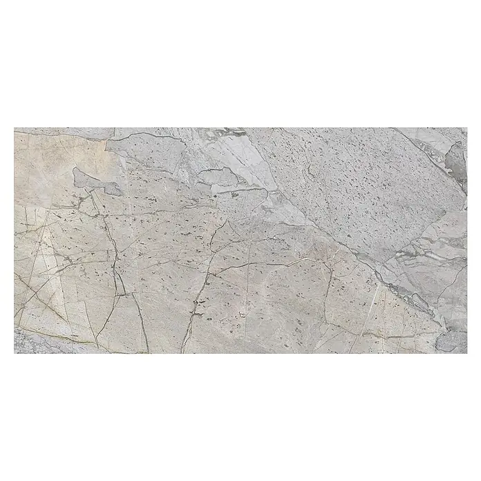 Feinsteinzeugfliese Side - 30 x 60 cm, Grau, Matt - Nahaufnahme einer eleganten hellgrauen Marmorplatte mit komplizierten Aderungen und subtilen Texturvariationen für ein luxuriöses Aussehen.