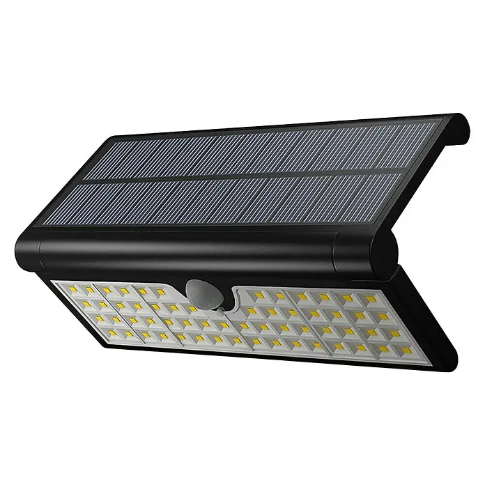 Arte confort Aplique solar para exterior Neus - 4 W, L x An x Al: 2,5 x 11,1 x 22,7 cm, Negro, IP44, 430 lm - La imagen muestra una luz solar para exteriores. La luz tiene una carcasa negra y un panel solar en la parte superior.