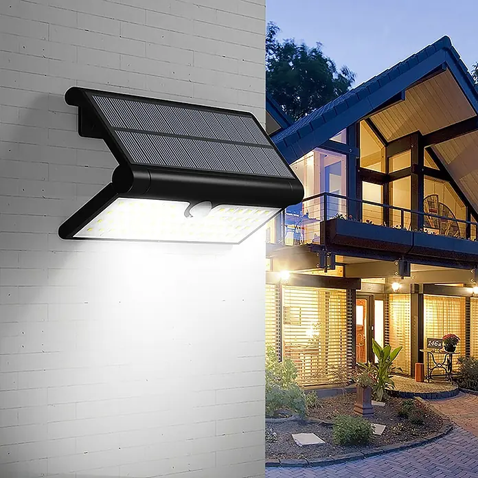 Arte confort Aplique solar para exterior Neus - 4 W, L x An x Al: 2,5 x 11,1 x 22,7 cm, Negro, IP44, 430 lm - Imagen de una luz solar de pared con sensor de movimiento. La luz es brillante y el panel solar en la parte superior es visible.