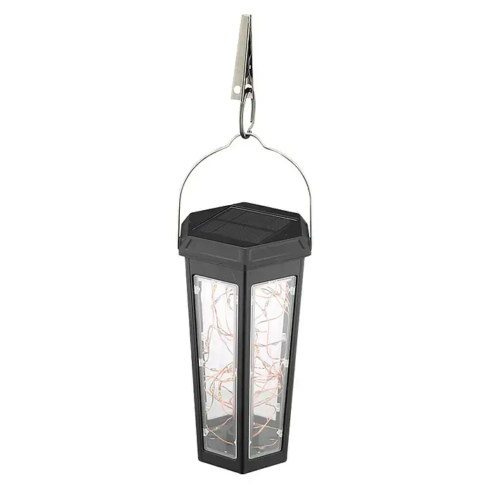 Arte confort Lámpara decorativa solar Aura - Negro, IP44 - Elegante linterna solar con clip. Iluminación decorativa para jardín o terraza alimentada por células solares, creando un ambiente atmosférico.