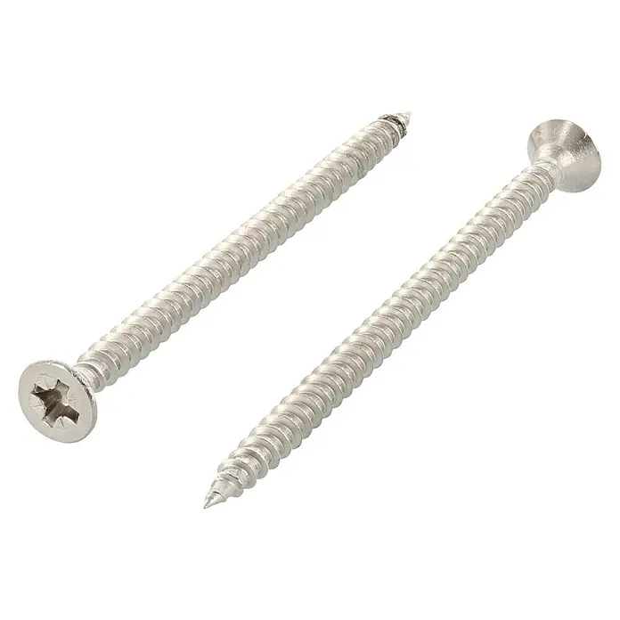 Marinetech Spanplattenschraube - Ø x L: 5 x 40 mm, Edelstahl, 100 Stk. - Zwei silberne Kreuzschlitzschrauben mit scharfen Gewinden, ideal für Holz und andere Materialien. Für feste Verbindungen und vielfältige Anwendungen.