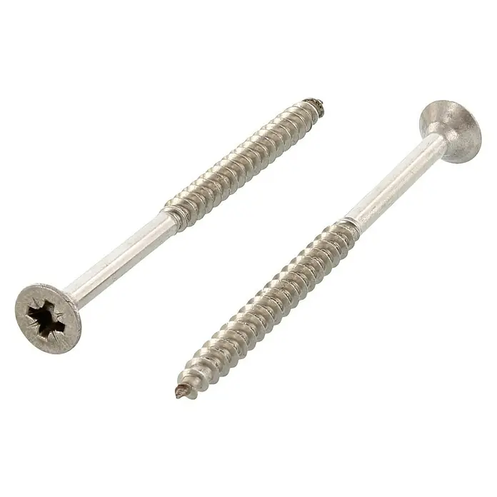 Marinetech Spanplattenschraube - Ø x L: 5 x 25 mm, Edelstahl, 100 Stk. - Zwei silberne Schrauben mit Kreuzschlitzkopf und Holzgewinde liegen auf schwarzem Hintergrund. Perfekt für Holzprojekte und Reparaturen!