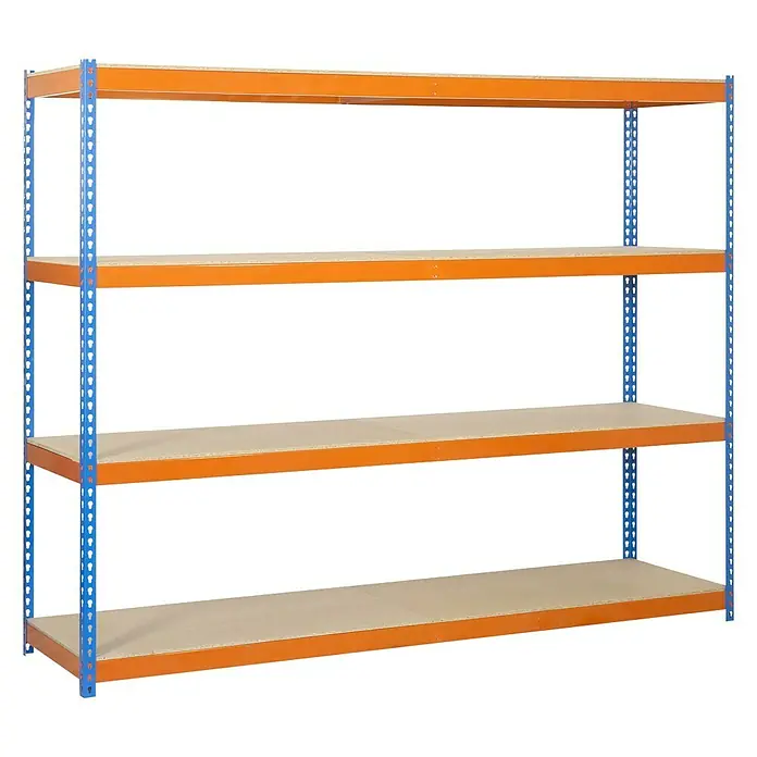 Simonrack Ecoforte Schwerlastregal Chipboard - H x B x T: 200 x 150 x 60 cm, Traglast pro Boden: 400 kg, Anzahl Böden: 4 Stk., Stecken, Blau/Orange - Abbildung eines Regals mit vier Ablagen, blauem Rahmen und orangefarbenen Regalböden vor einem schwarzen Hintergrund.