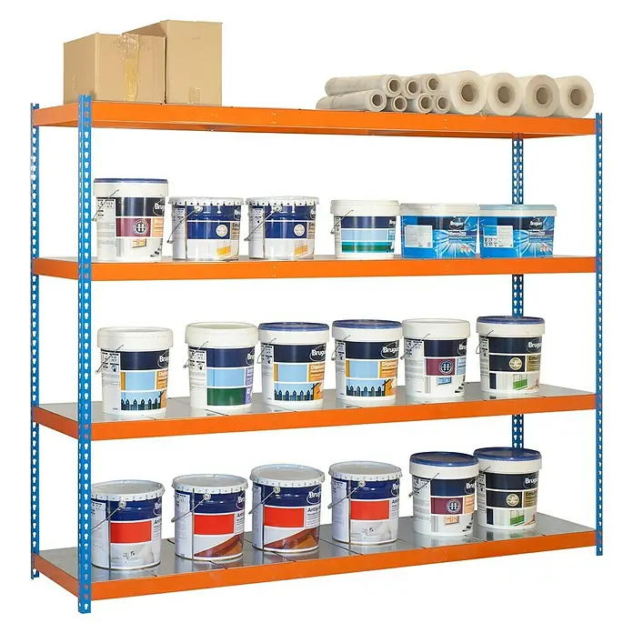 Simonrack Simonforte Schwerlastregal Simonforte Metall - H x B x T: 200 x 210 x 75 cm, Traglast pro Boden: 400 kg, Anzahl Böden: 4 Stk., Stecken, Blau/Orange/Silber - Regal mit verschiedenen Farbdosen von Bruguer und Malerbedarf. Praktische Aufbewahrungslösung für Renovierungsprodukte.