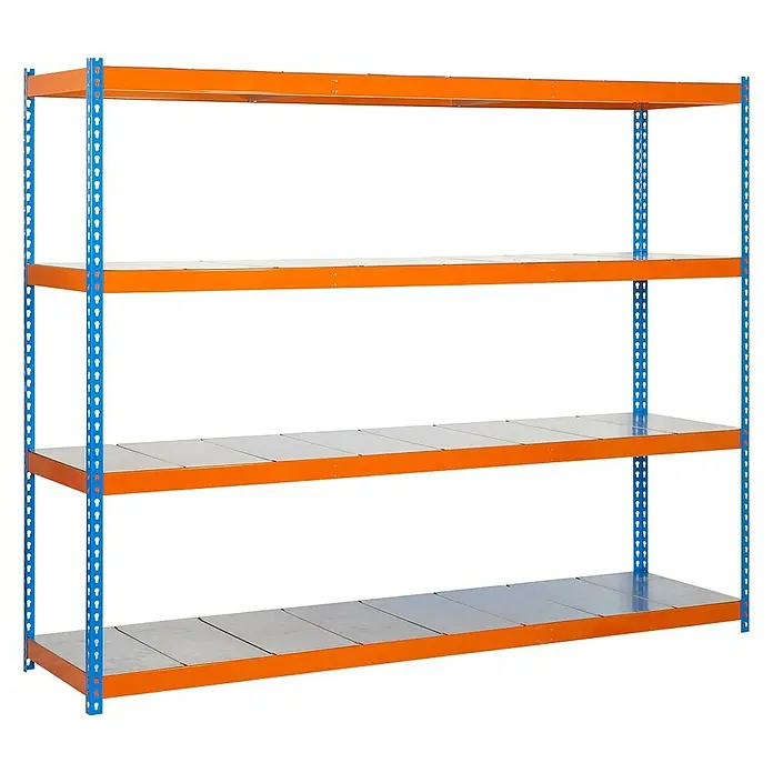 Simonrack Simonforte Schwerlastregal Simonforte Metall - H x B x T: 200 x 210 x 75 cm, Traglast pro Boden: 400 kg, Anzahl Böden: 4 Stk., Stecken, Blau/Orange/Silber - Regal mit vier Ablagen und blauem Rahmen, ideal für Lagerung und Organisation.\n