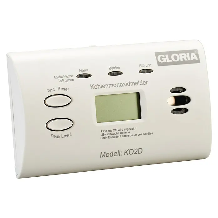 Gloria Kohlenmonoxidmelder KO2D - L x B x H: 40 x 118 x 71 mm, Batterielaufzeit: 2 Jahre - Nahaufnahme eines Gloria Kohlenmonoxidmelders KO2D zur Warnung vor Kohlenmonoxid in der Luft.