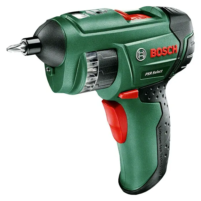 Bosch Akkuschrauber PSR Select - 3,6 V, 1 Akku, 1,5 Ah - Akkuschrauber PSR Select von Bosch. Das grüne Gerät mit rotem Auslöser und integriertem Bithalter bietet vielseitige Schraubmöglichkeiten.