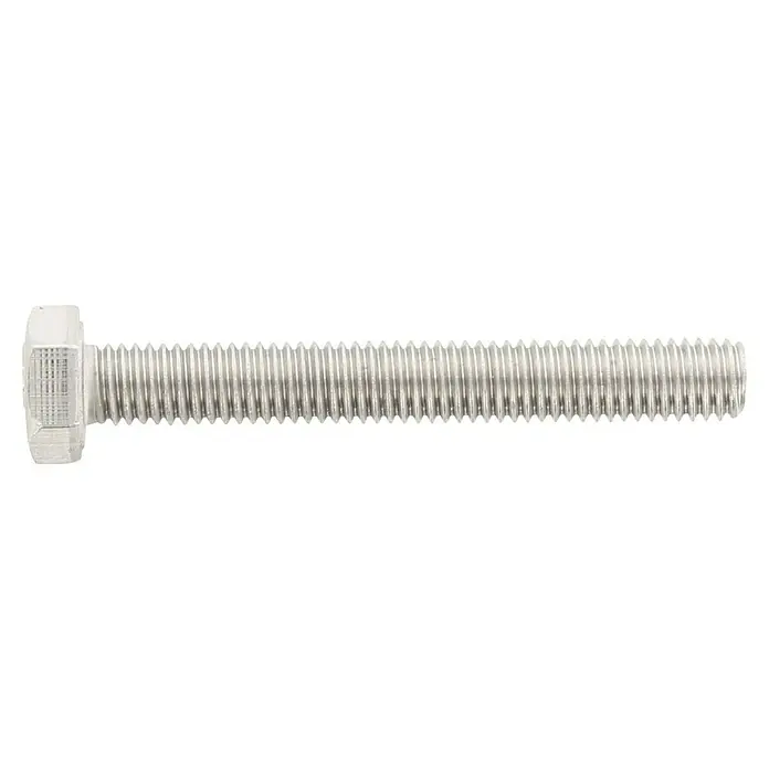 Marinetech Sechskantschraube - M 5, Länge: 30 mm, Edelstahl, A4, 100 Stk. - Nahaufnahme einer silbernen Gewindeschraube mit Sechskantkopf auf schwarzem Hintergrund, Fokus auf die Details des Schraubgewindes.
