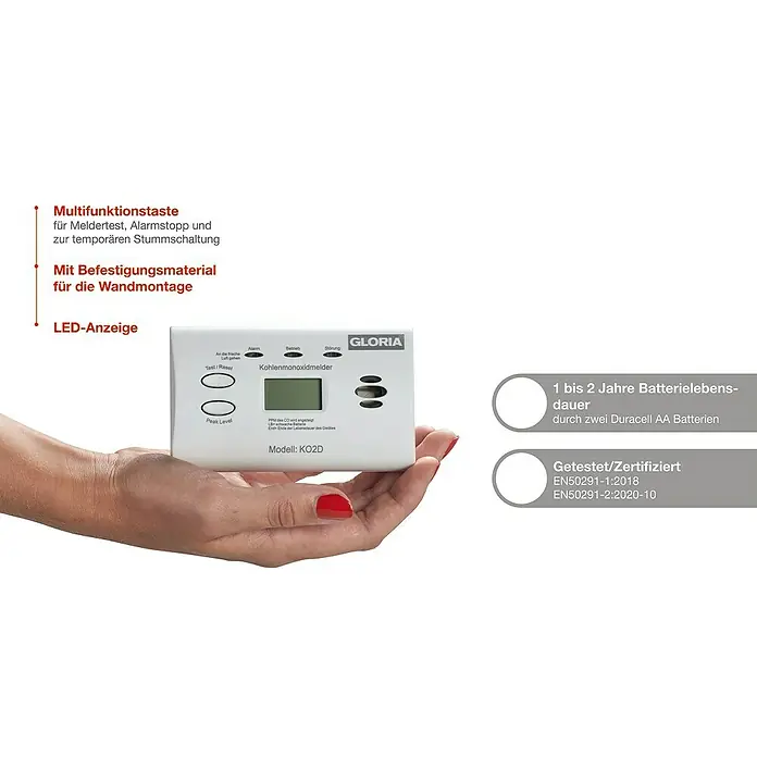 Gloria Kohlenmonoxidmelder KO2D - L x B x H: 40 x 118 x 71 mm, Batterielaufzeit: 2 Jahre - Nahaufnahme eines Gloria-Kohlenmonoxidmelders Modell KO2D, der in einer Hand gehalten wird und die Funktionen hervorhebt.