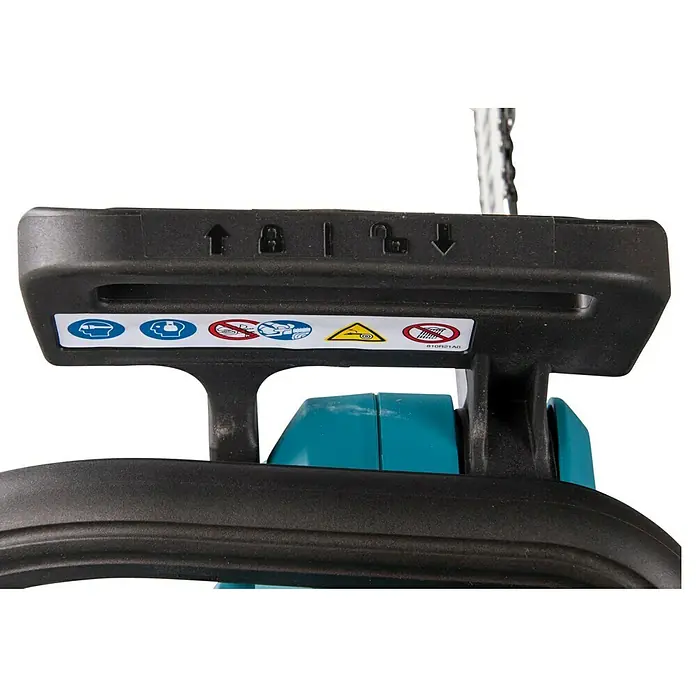 Makita LXT 18V Akku-Kettensäge DUC307 - 18 V, Li-Ionen, Ohne Akku, Schwertlänge: 30 cm - Detailaufnahme einer Makita Kettensäge mit Symbolen zur Bedienung und Sicherheitshinweisen für den sicheren Gebrauch.