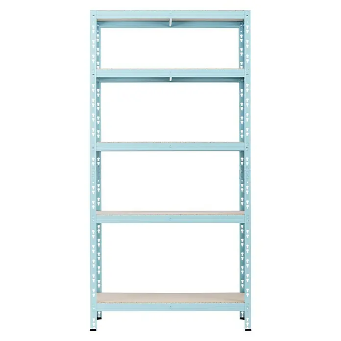 Regalux Metallregal - H x B x T: 180 x 90 x 40 cm, Traglast pro Boden: 175 kg, Anzahl Böden: 5 Stk., Hellgrün, Stecken - Abbildung eines hellblauen Metallregals mit vier Regalböden, ideal für Lagerung und Organisation in Werkstatt oder Keller.