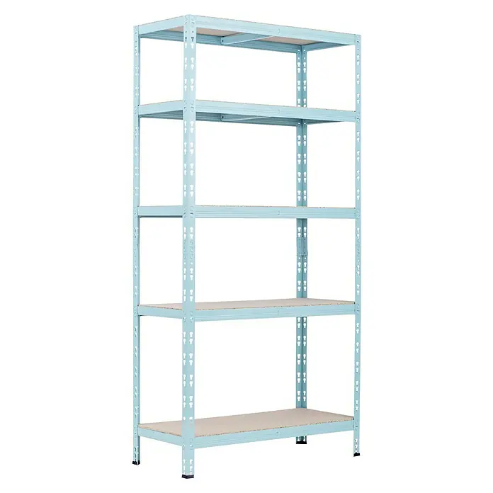 Regalux Metallregal - H x B x T: 180 x 90 x 40 cm, Traglast pro Boden: 175 kg, Anzahl Böden: 5 Stk., Hellgrün, Stecken - Das Bild zeigt ein hellblaues Metallregal mit vier Regalböden. Das Regal steht leer und hat eine schlichte Konstruktion.