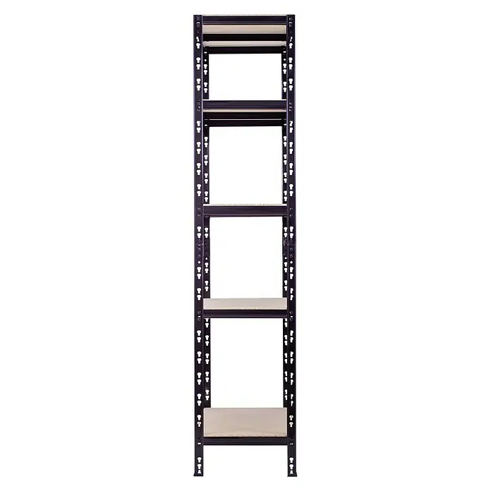 Regalux Metallregal - H x B x T: 180 x 90 x 40 cm, Traglast pro Boden: 175 kg, Anzahl Böden: 5 Stk., Schwarz, Stecken - Dieses Bild zeigt ein Metallregal mit fünf hellen Fachböden, das sich ideal für Lagerzwecke eignet. Das Regal ist robust und langlebig.