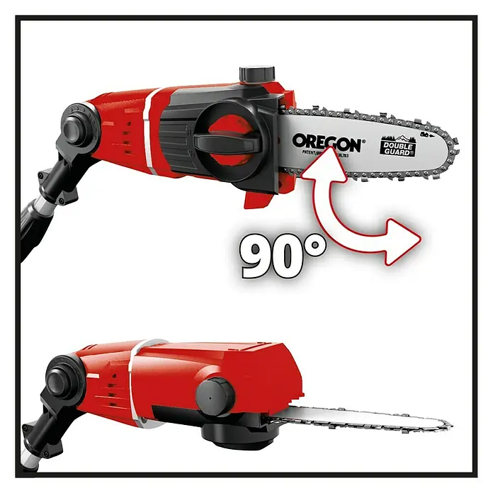 Einhell Power X-Change 18V Hochentaster-Aufsatz GE-HH 18/45 Li T-Solo - Schwertlänge: 20 cm - Das Bild zeigt eine rote Akku-Kettensäge mit verstellbarem Kopf, der um 90 Grad gedreht werden kann, um flexibler zu arbeiten.