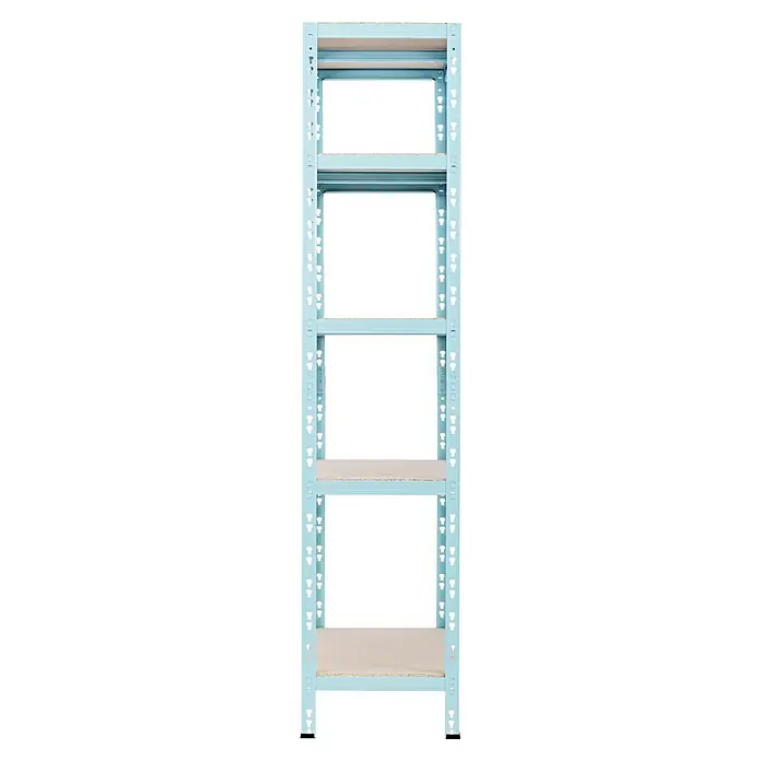 Regalux Metallregal - H x B x T: 180 x 90 x 40 cm, Traglast pro Boden: 175 kg, Anzahl Böden: 5 Stk., Hellgrün, Stecken - Aufnahme des Metallregals mit Holzregalböden, das Lager- und Organisationsmöglichkeiten bietet.