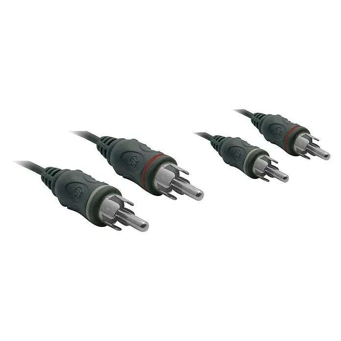 Metronic Cable de audio - Clavija RCA, Contactos con chapado dorado, 1,2 m - Primer plano de cuatro conectores RCA con carcasa gris y pines plateados, utilizados para aplicaciones de audio y vídeo.