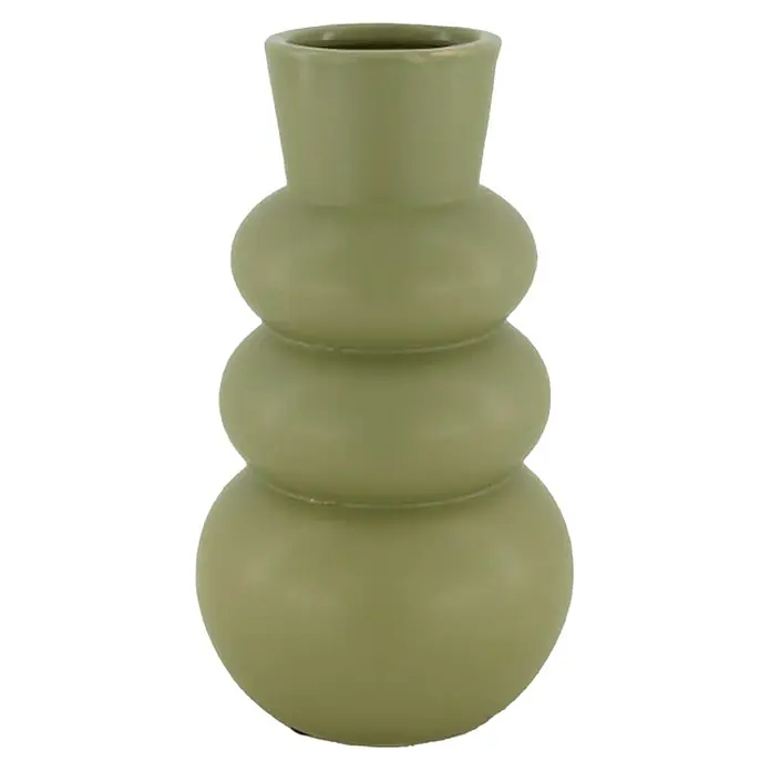 Vase - Ø x H: 15 x 25 cm, Keramik, Pastellgrün - Olivgrüne Vase mit drei bauchigen Elementen und zylindrischem Hals. Dekorative Keramik für Wohnambiente.