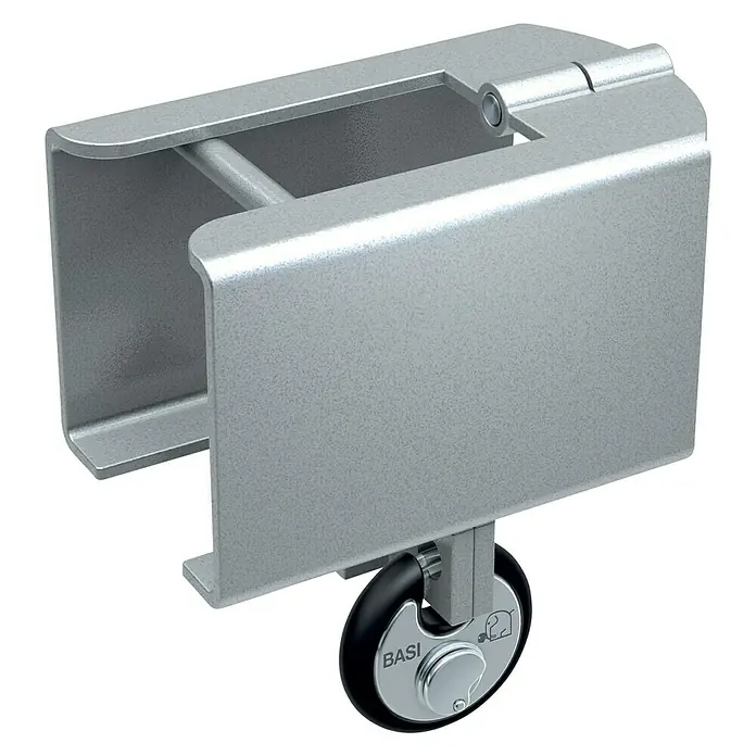 Basi Diebstahlsicherung KFZ 108 - Aluminium, Verzinkt - Nahaufnahme eines BASI-Schiebetürbeschlags mit Rolle, ideal für Möbel. Robuste und elegante Lösung für reibungslose Türbewegungen.