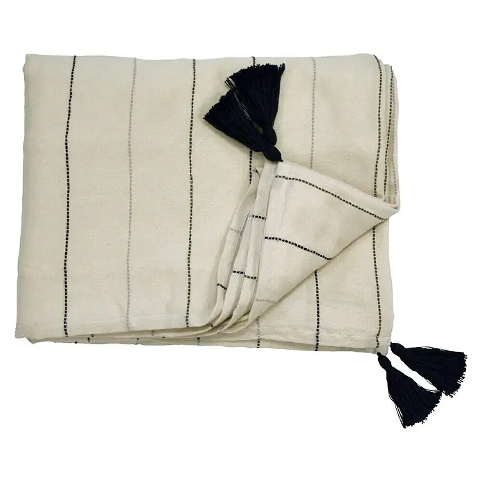 Manta para sofá Damaris - 150 x 250 cm, Textil, Natural - Manta color crema con diseño de rayas y borlas decorativas en las esquinas, perfecta para momentos acogedores.