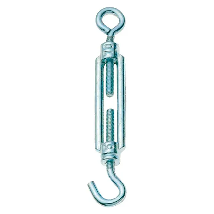 Conacord Tensor - Para diámetro de cable: 12 mm, Largo: 120 mm - Un tensor plateado con un gancho en un extremo y un ojo en el otro, utilizado para tensar cuerdas y cables.