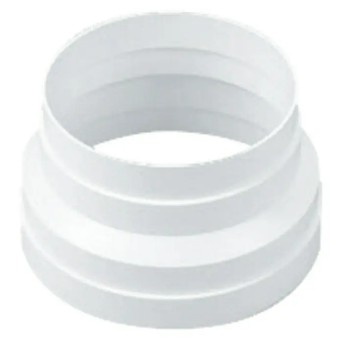 Cono reductor Tubpla - 125 mm - 120 mm, Blanco - En la imagen, un adaptador blanco de aire de escape, un accesorio práctico para sistemas de ventilación, ideal para conectar diferentes diámetros de tuberías.