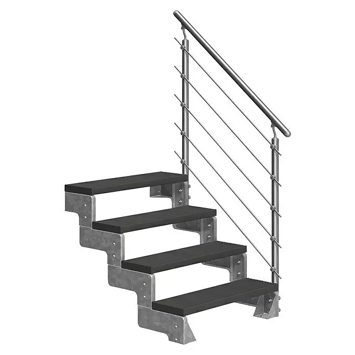 Dolle Außentreppe Gardentop - Trimaxstufen, Anthrazit, Mitlaufende Edelstahlstäbe, Breite: 100 cm, Anzahl Stufen: 4 Stk., Geschosshöhe: 72 cm - 88 cm - Modulare Industrietreppe aus Metall mit dunklen Antirutschstufen und Edelstahl-Seilgeländer.