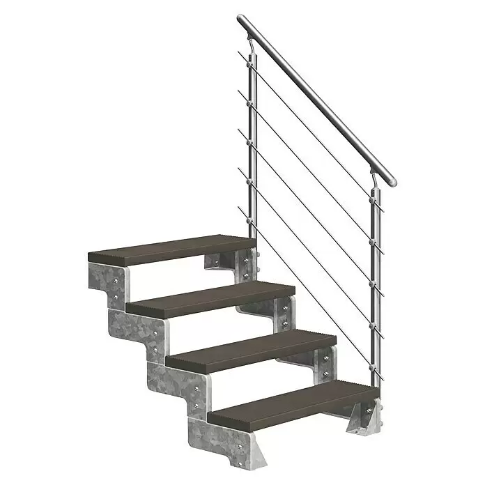 Dolle Außentreppe Gardentop - Trimaxstufen, Dunkelbraun, Mitlaufende Edelstahlstäbe, Breite: 100 cm, Anzahl Stufen: 4 Stk., Geschosshöhe: 72 cm - 88 cm - Modulare Treppe mit dunkelbraunen Stufen, grauen Metallstützen und einem silbernen Metallgeländer.