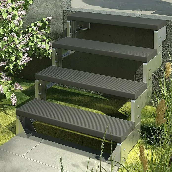 Dolle Außentreppe Gardentop - Trimaxstufen, Anthrazit, Ohne Geländer, Breite: 80 cm, Anzahl Stufen: 4 Stk., Geschosshöhe: 72 cm - 88 cm - Diese Aufnahme zeigt eine Außentreppe mit vier Stufen, die sich ideal für den Garten eignet. Die Stufen sind grau und die Rahmen sind silbern.