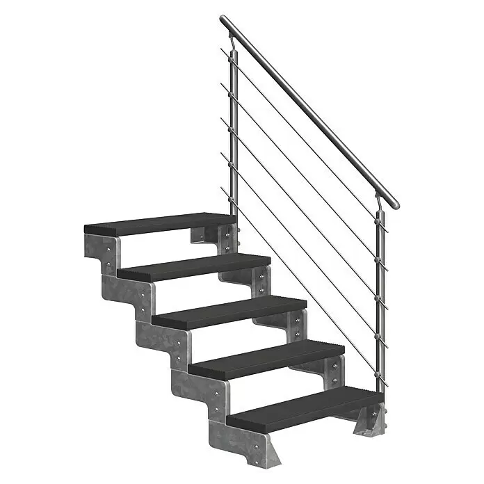 Dolle Außentreppe Gardentop - Trimaxstufen, Anthrazit, Mitlaufende Edelstahlstäbe, Breite: 100 cm, Anzahl Stufen: 5 Stk., Geschosshöhe: 90 cm - 110 cm - Modulare Außentreppe mit verzinktem Metallrahmen, schwarzen rutschfesten Stufen und Edelstahlseilgeländer.