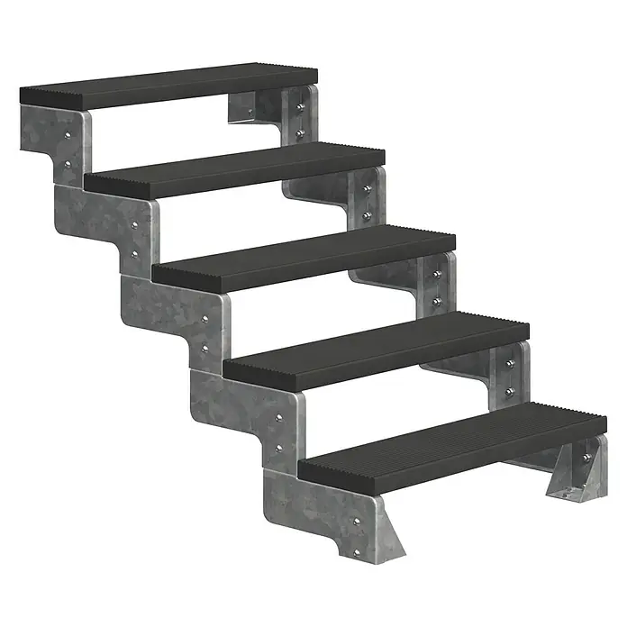 Dolle Außentreppe Gardentop - Trimaxstufen, Anthrazit, Ohne Geländer, Breite: 80 cm, Anzahl Stufen: 5 Stk., Geschosshöhe: 90 cm - 110 cm - Die Aufnahme zeigt eine robuste Außentreppe mit fünf Stufen, ideal für den Garten oder den Außenbereich.