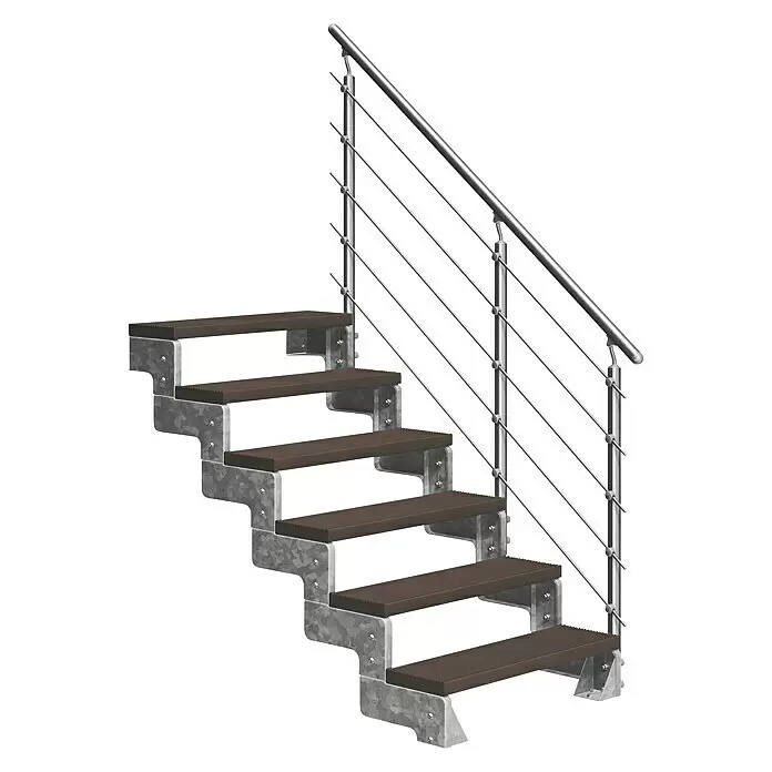Dolle Außentreppe Gardentop - Trimaxstufen, Dunkelbraun, Mitlaufende Edelstahlstäbe, Breite: 80 cm, Anzahl Stufen: 6 Stk., Geschosshöhe: 108 cm - 132 cm - Modulare Treppe mit dunkelbraunen Verbundstufen, verzinktem Stahlrahmen und Edelstahlgeländer mit Seilfüllung.