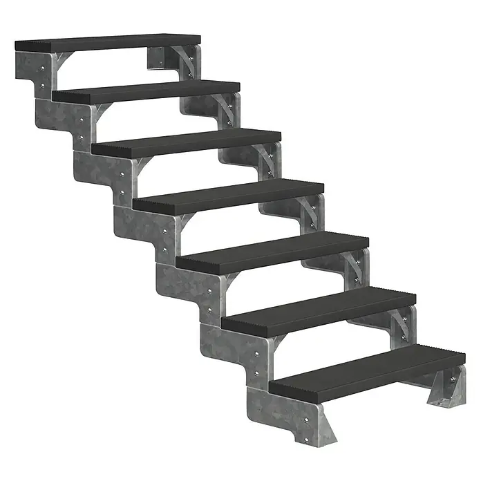 Dolle Außentreppe Gardentop - Trimaxstufen, Anthrazit, Ohne Geländer, Breite: 100 cm, Anzahl Stufen: 7 Stk., Geschosshöhe: 126 cm - 154 cm - Abgebildete Metalltreppe mit schwarzen Stufen. Ideal für den Außenbereich, robust und langlebig.
