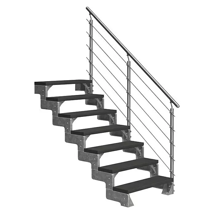 Dolle Außentreppe Gardentop - Trimaxstufen, Anthrazit, Mitlaufende Edelstahlstäbe, Breite: 100 cm, Anzahl Stufen: 7 Stk., Geschosshöhe: 126 cm - 154 cm - Modulare Treppe aus verzinktem Stahl mit dunklen Stufen und Kabelgeländer.
