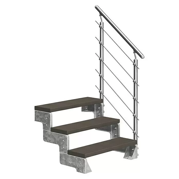 Dolle Außentreppe Gardentop - Trimaxstufen, Dunkelbraun, Mitlaufende Edelstahlstäbe, Breite: 100 cm, Anzahl Stufen: 3 Stk., Geschosshöhe: 54 cm - 66 cm - Dreistufige Metalltreppe mit braunen, geriffelten Stufen und silbernem Kabelgeländer.