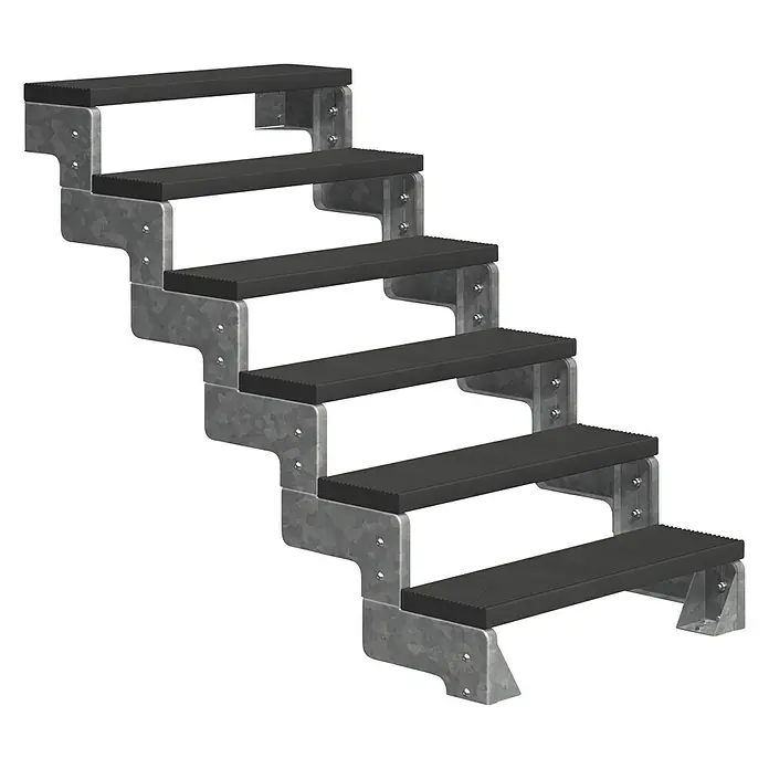 Dolle Außentreppe Gardentop - Trimaxstufen, Anthrazit, Ohne Geländer, Breite: 80 cm, Anzahl Stufen: 6 Stk., Geschosshöhe: 108 cm - 132 cm - Eine Treppe aus Metall mit schwarzen Stufen, ideal für den Außenbereich und robustes Design.