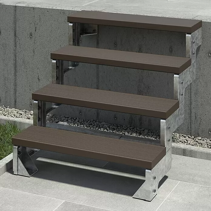 Dolle Außentreppe Gardentop - Trimaxstufen, Dunkelbraun, Ohne Geländer, Breite: 80 cm, Anzahl Stufen: 4 Stk., Geschosshöhe: 72 cm - 88 cm - Vier Outdoor-Stufen mit braunen geriffelten Trittflächen und verzinkten Stahlrahmen, die zwei Ebenen verbinden.