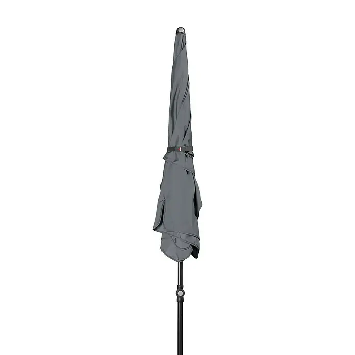 Doppler Sunline Marktschirm Waterproof Neo - Anthrazit, Bespannungsmaß (L x B): 185 x 120 cm - Ein zusammengeklappter, grauer Sonnenschirm mit einem schwarzen Schirmständer ist vor einem schwarzen Hintergrund abgebildet. Ideal für den Garten.