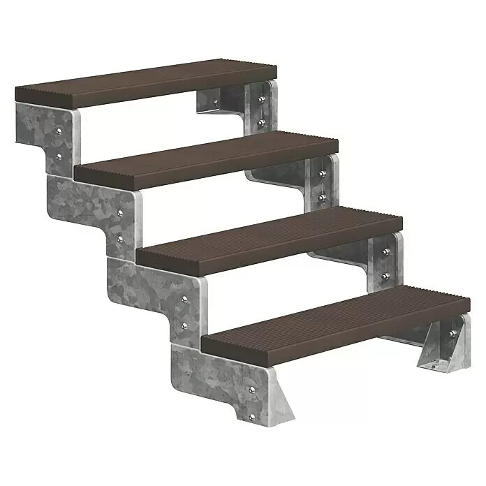 Dolle Außentreppe Gardentop - Trimaxstufen, Dunkelbraun, Ohne Geländer, Breite: 80 cm, Anzahl Stufen: 4 Stk., Geschosshöhe: 72 cm - 88 cm - Vierstufige Außentreppe mit dunkelbraunen Komposit-Stufen und verzinkten Stahlstützen.