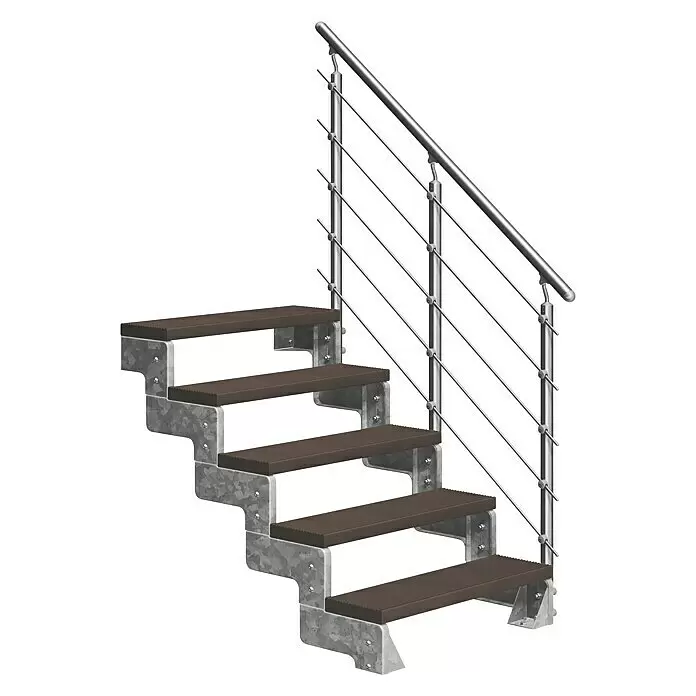 Dolle Außentreppe Gardentop - Trimaxstufen, Dunkelbraun, Mitlaufende Edelstahlstäbe, Breite: 80 cm, Anzahl Stufen: 5 Stk., Geschosshöhe: 90 cm - 110 cm - Moderne Metalltreppe mit dunklen Holzstufen und Edelstahlseilgeländer.