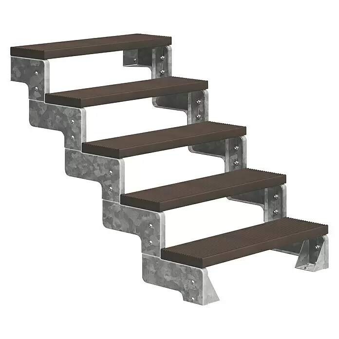 Dolle Außentreppe Gardentop - Trimaxstufen, Dunkelbraun, Ohne Geländer, Breite: 100 cm, Anzahl Stufen: 5 Stk., Geschosshöhe: 90 cm - 110 cm - Modulare 5-Stufen-Treppe mit verzinkten Stahlwangen und dunkelbraunen, geriffelten Verbundstoffstufen.