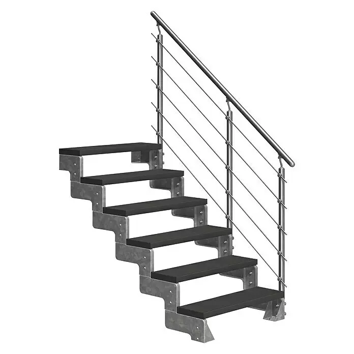 Dolle Außentreppe Gardentop - Trimaxstufen, Anthrazit, Mitlaufende Edelstahlstäbe, Breite: 100 cm, Anzahl Stufen: 6 Stk., Geschosshöhe: 108 cm - 132 cm - Metalltreppe mit schwarzen Stufen und silbernem Geländer mit horizontaler Drahtfüllung.