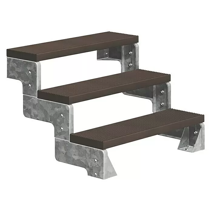 Dolle Außentreppe Gardentop - Trimaxstufen, Dunkelbraun, Ohne Geländer, Breite: 80 cm, Anzahl Stufen: 3 Stk., Geschosshöhe: 54 cm - 66 cm - Dreistufige Außentreppe mit braunen geriffelten Trittflächen und verzinktem Metallrahmen.