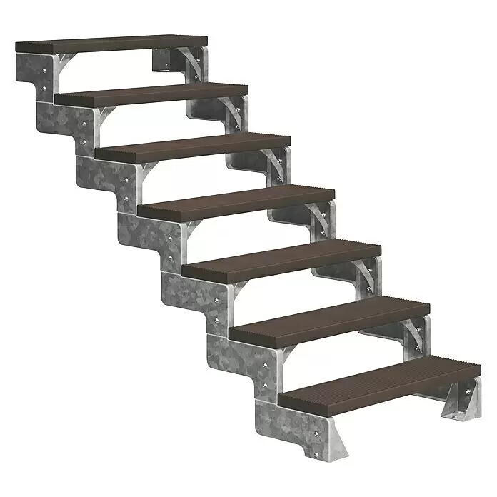 Dolle Außentreppe Gardentop - Trimaxstufen, Dunkelbraun, Ohne Geländer, Breite: 100 cm, Anzahl Stufen: 7 Stk., Geschosshöhe: 126 cm - 154 cm - Modultreppe mit dunkelbraunen Stufen und verzinktem Stahlrahmen.