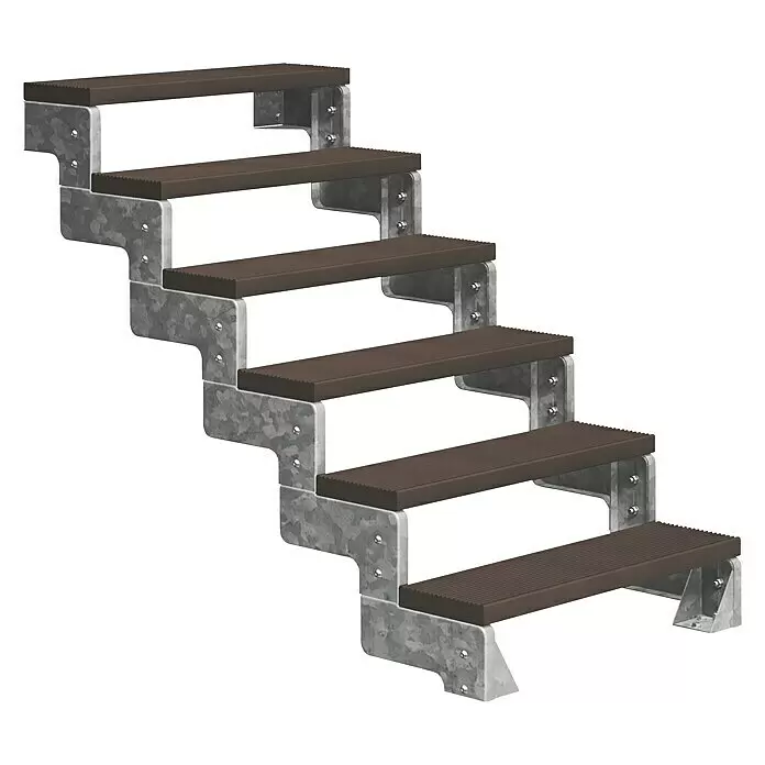 Dolle Außentreppe Gardentop - Trimaxstufen, Dunkelbraun, Ohne Geländer, Breite: 80 cm, Anzahl Stufen: 6 Stk., Geschosshöhe: 108 cm - 132 cm - Sechsstufige Treppe mit dunkelbraunen Verbundstufen und verzinkten Metallwangen.